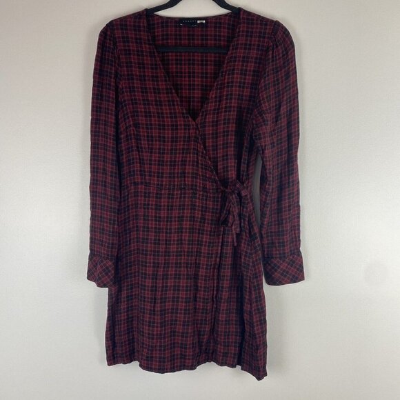 Sanctuary Women's Flannel Wrap Style Dress Size 8 Red Black Plaid Rayon Fall - Picture 1 of 9